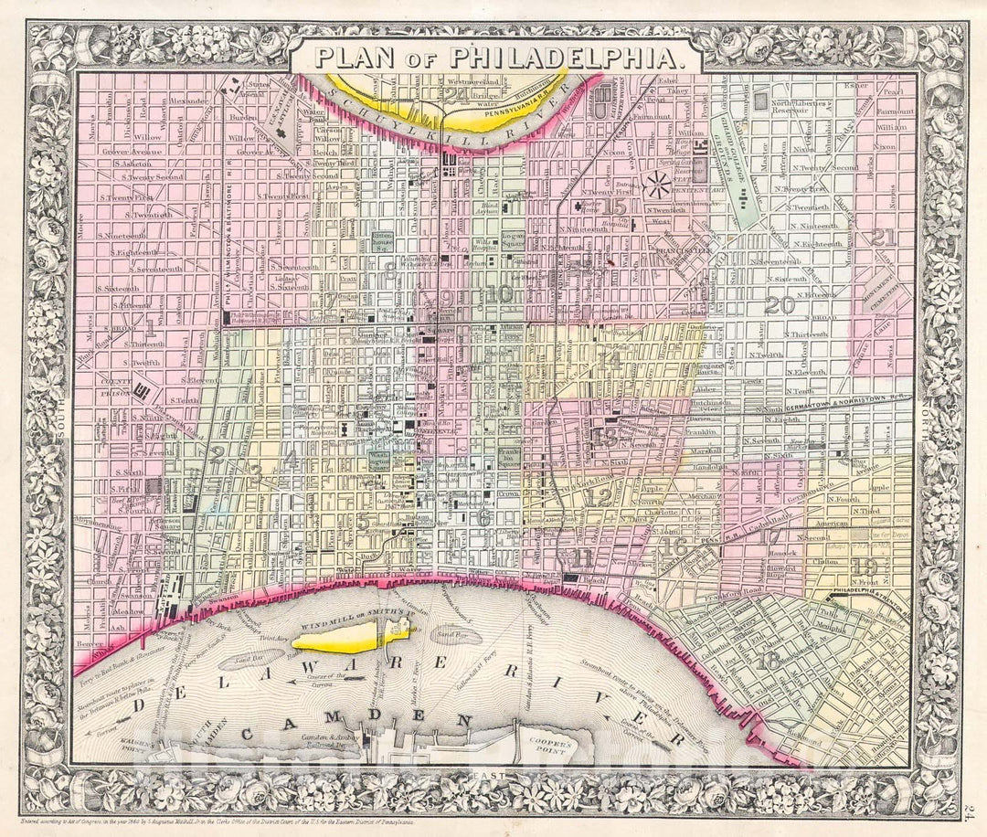 Historic Map : Mitchell Plan or Map of Philadelphia, Pennsylvania , 1864, Vintage Wall Art