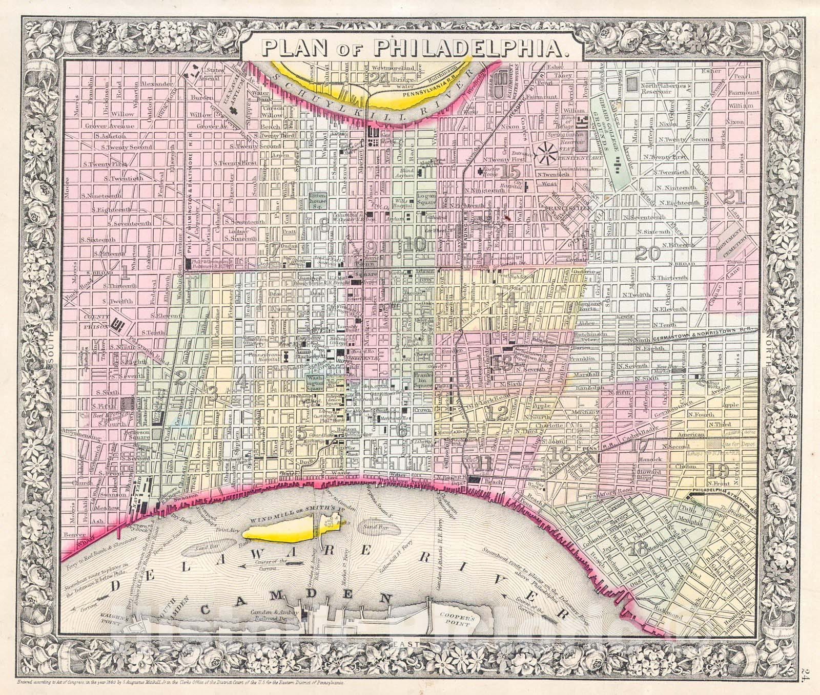 Historic Map : Mitchell Plan or Map of Philadelphia, Pennsylvania , 1864, Vintage Wall Art