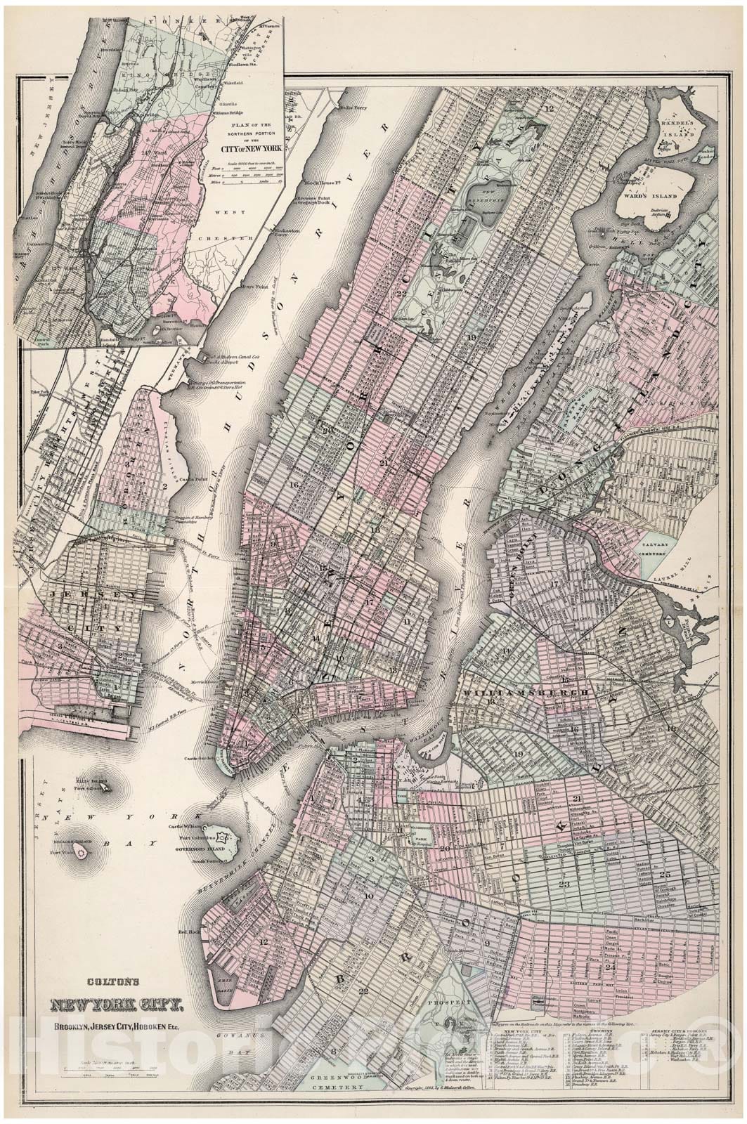 Historic Map : Colton Map of New York City (Manhattan, Brooklyn, Long Island City), 1865, Vintage Wall Art