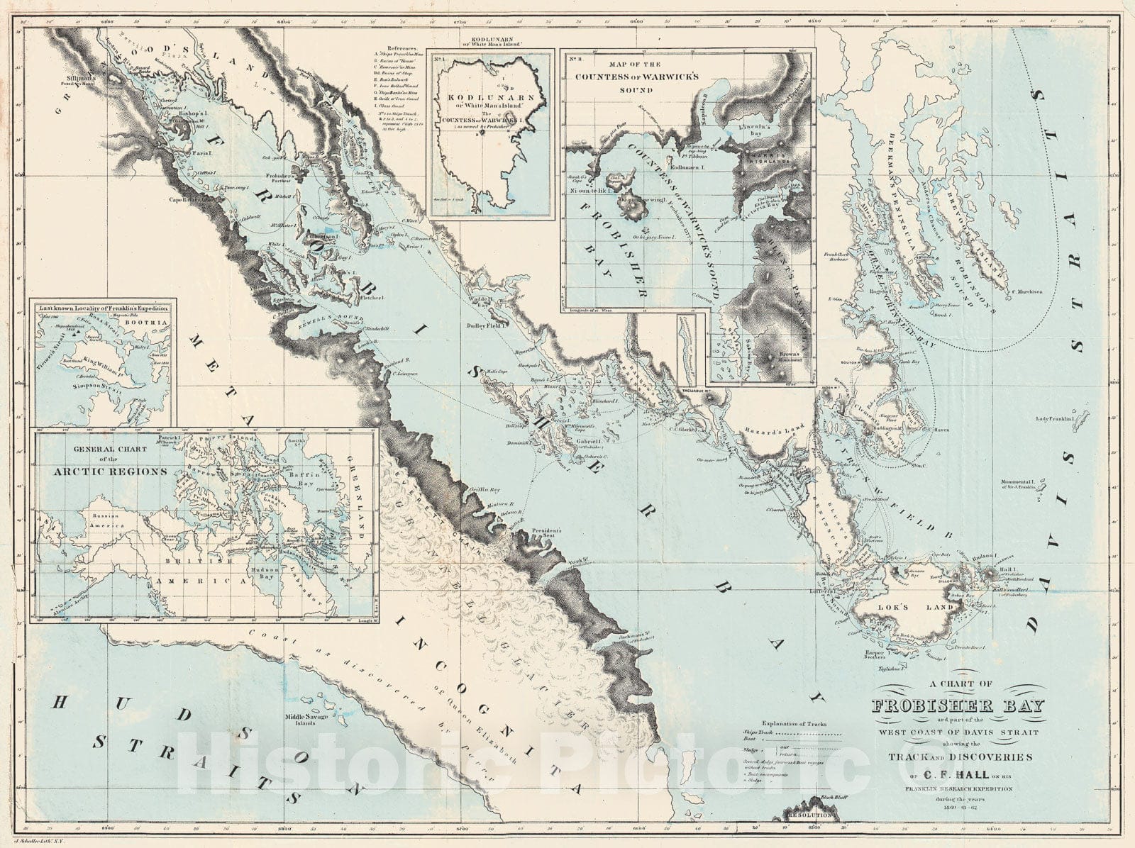 Historic Map : Hall Map of Frobisher Bay, Baffin Island, Canada (Important Arctic Exploration Map), 1865, Vintage Wall Art