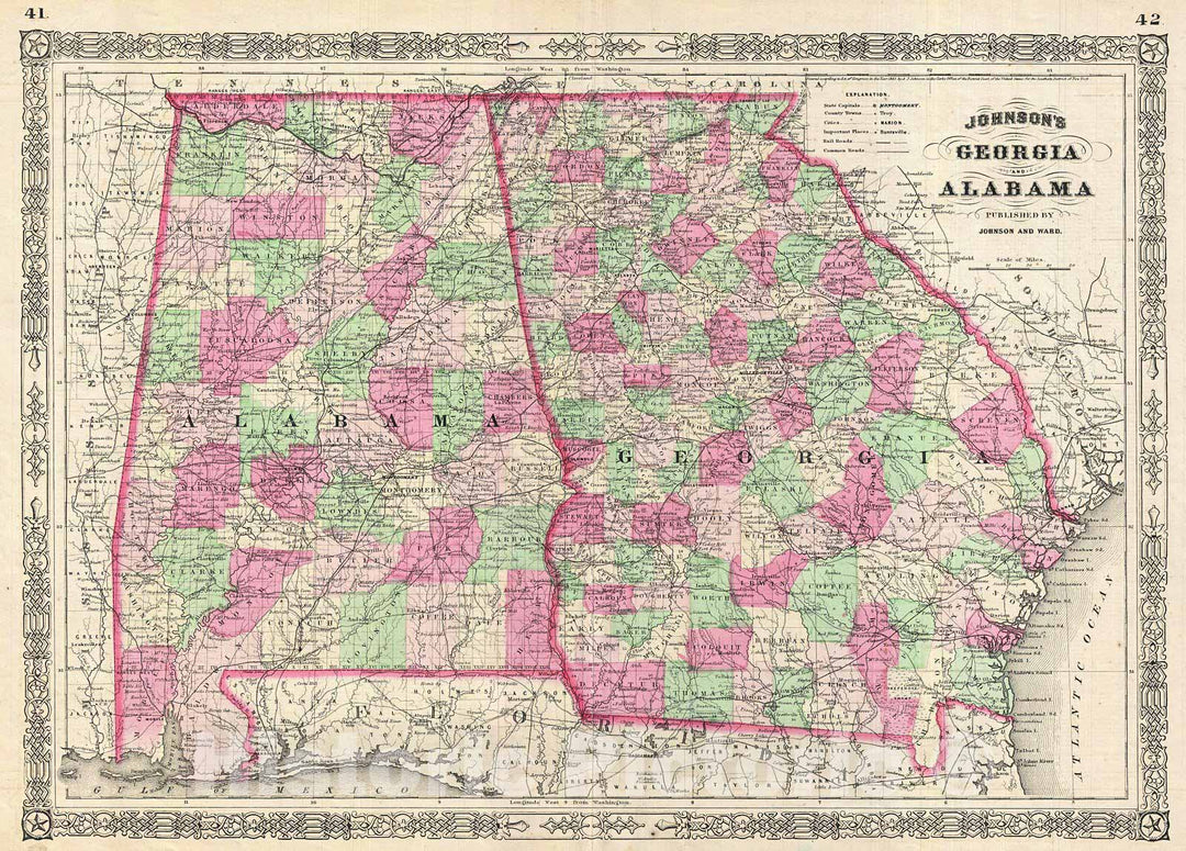 Historic Map : Johnson Map of Georgia and Alabama, Version 2, 1865, Vintage Wall Art