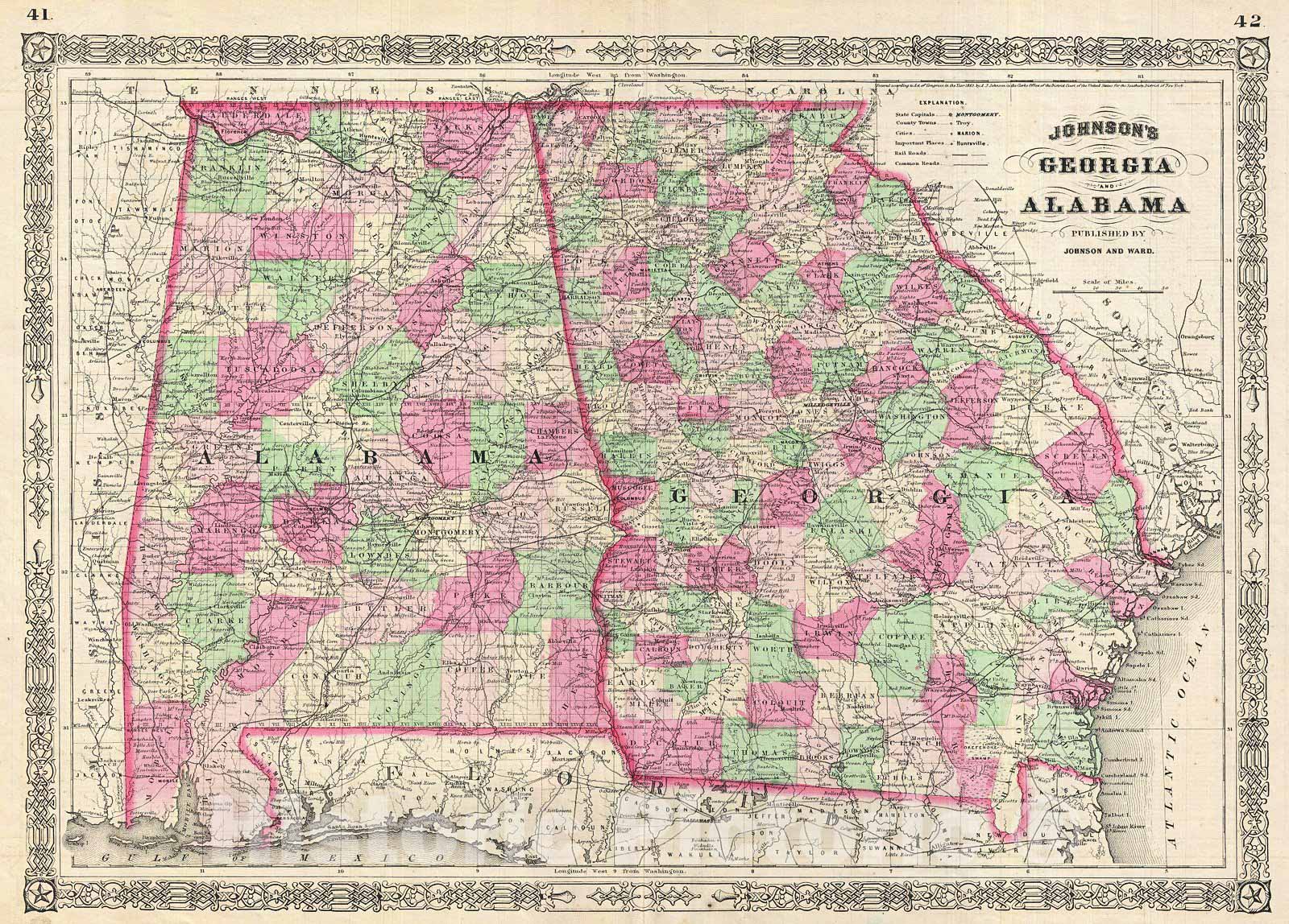 Historic Map : Johnson Map of Georgia and Alabama, Version 2, 1865, Vintage Wall Art