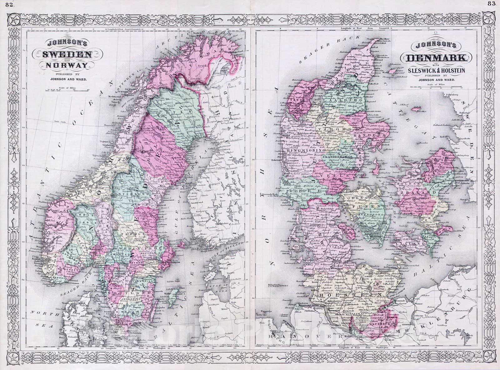 Historic Map : Johnson Map of Sweden, Norway and Denmark, 1865, Vintage Wall Art