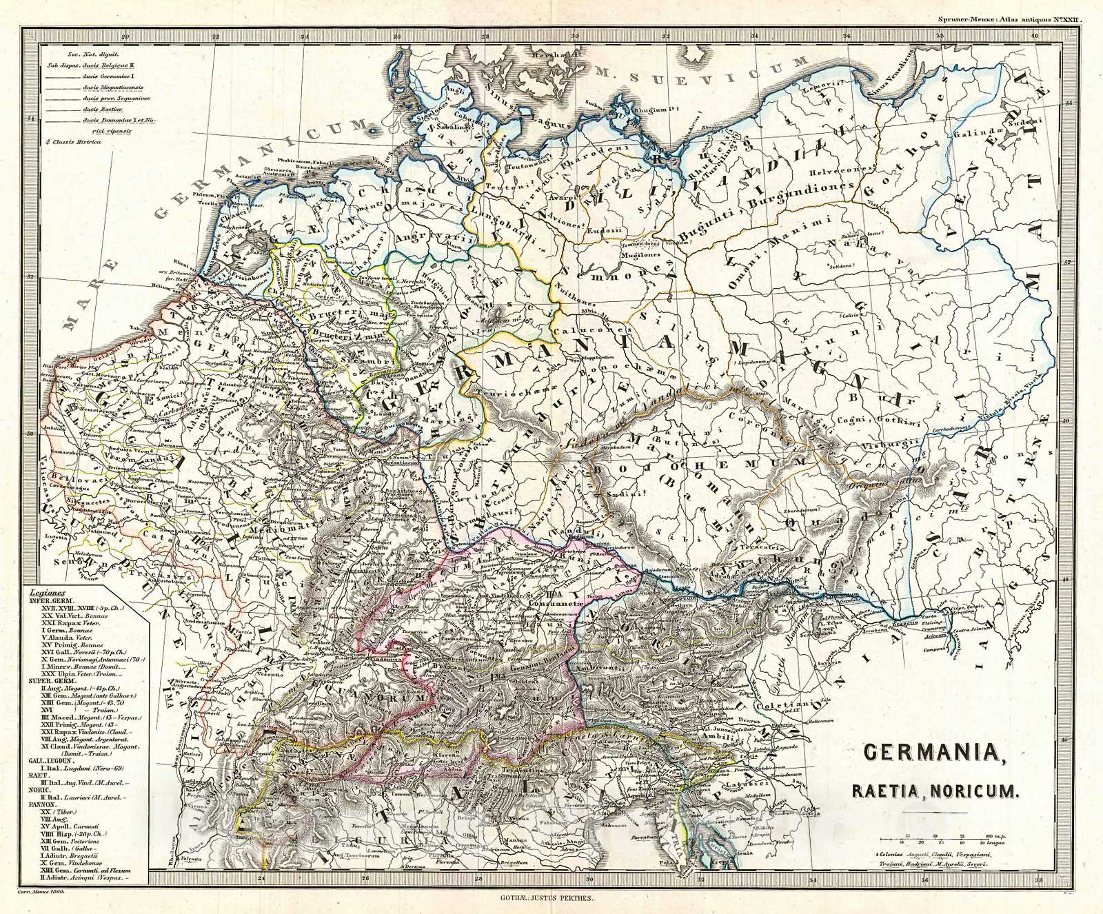 Historic Map : Spruner Map of Germany in Antiquity , 1865, Vintage Wall Art