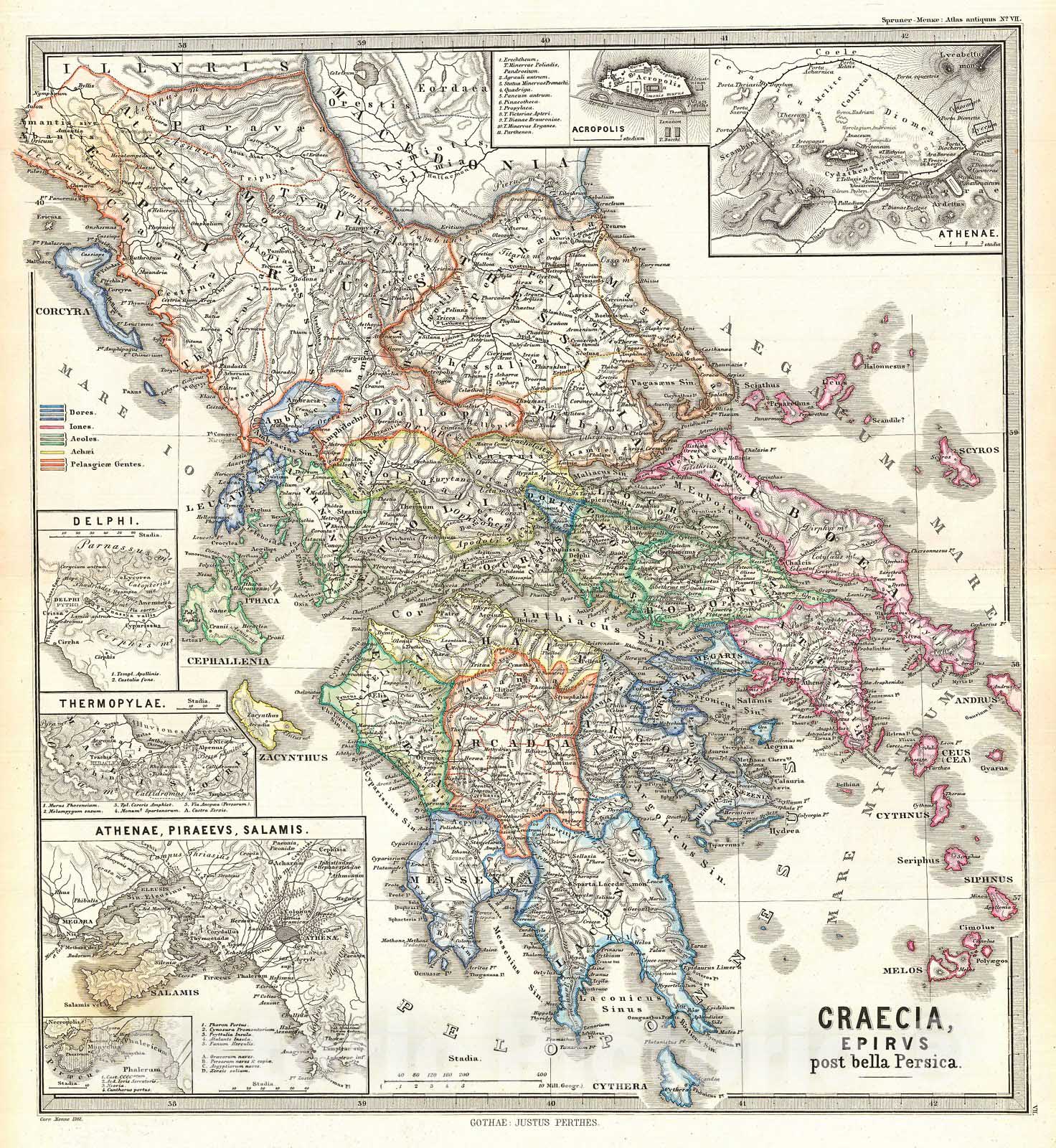 Historic Map : Spruner Map of Greece, Epirus After The Persian War , 1865, Vintage Wall Art
