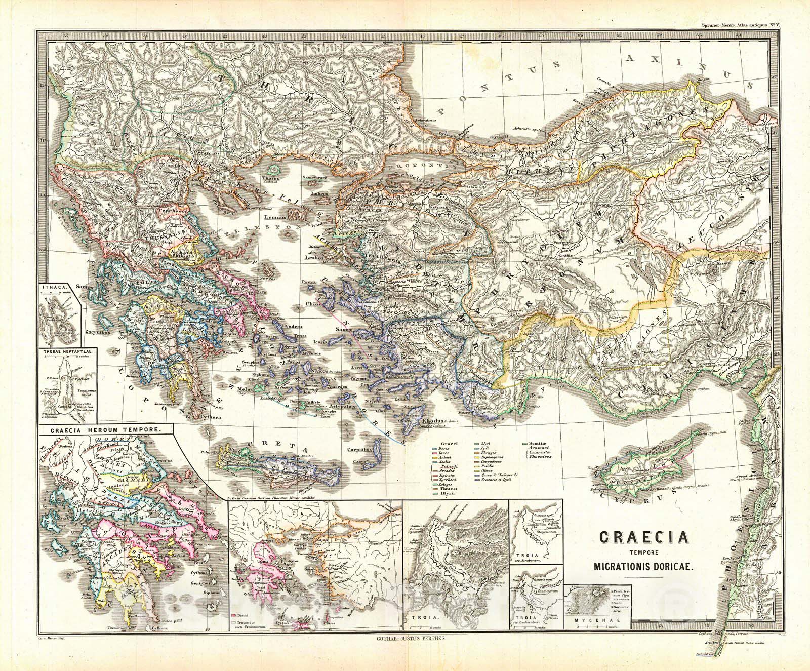 Historic Map : Spruner Map of Greece During The Dorian Migrations , 1865, Vintage Wall Art