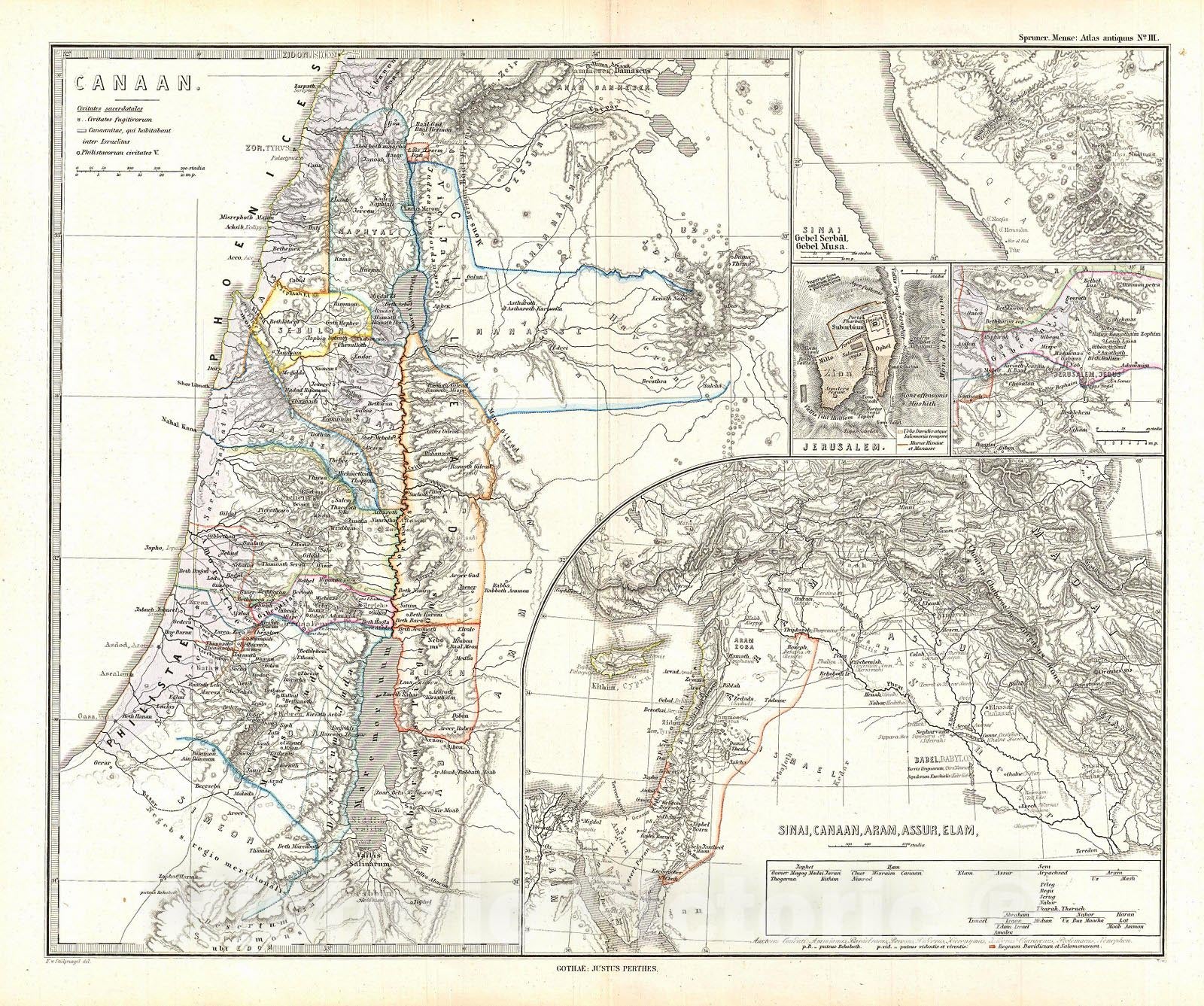 Historic Map : Spruner Map of Israel, Canaan, or Palestine in Ancient Times , 1865, Vintage Wall Art