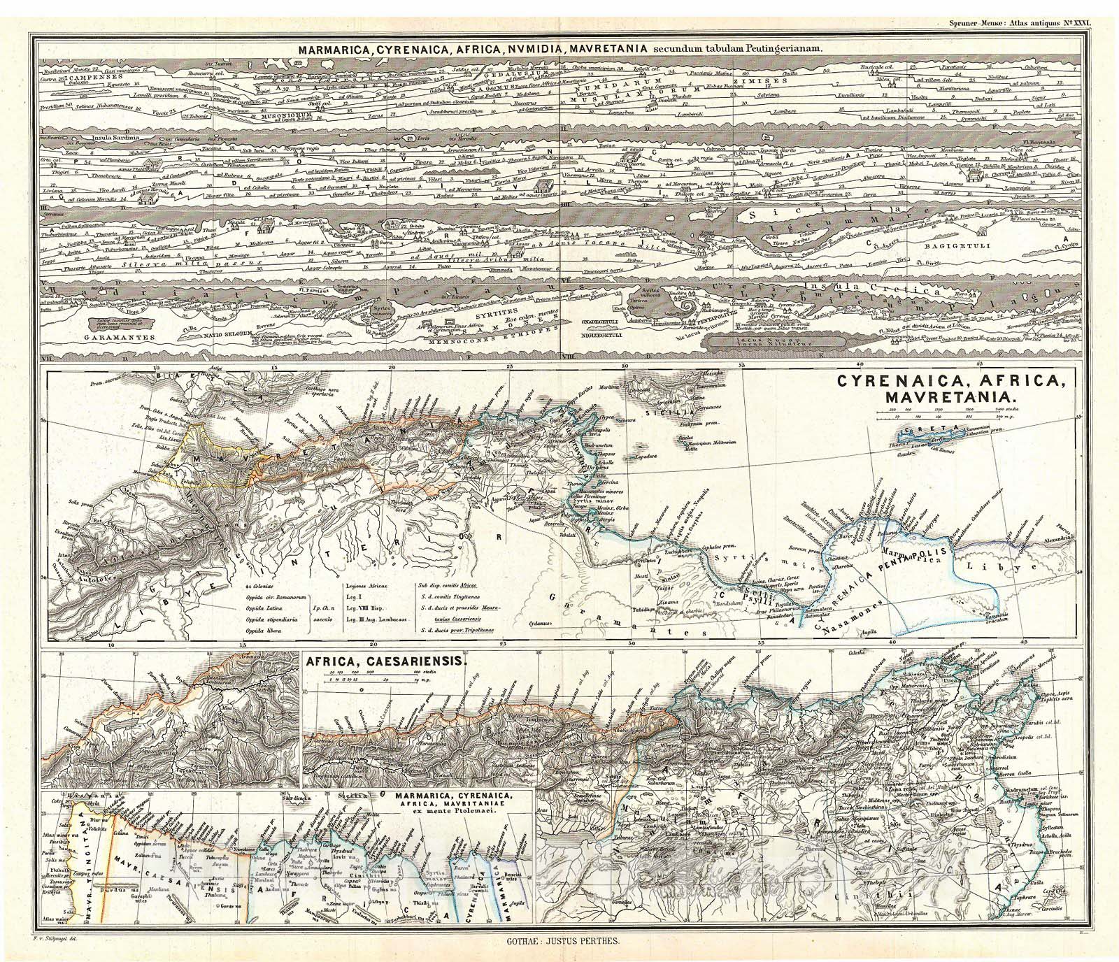 Historic Map : Spruner Map of Northwestern Africa, The Magreb, and The Barbary Coast in Antiquity , 1865, Vintage Wall Art