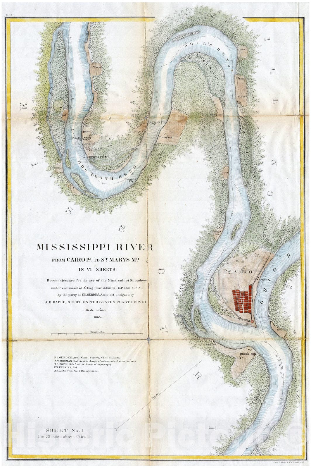 Historic Map : U.S.C.S. Chart or Map of The Mississippi River Around Cairo Illinois, 1865, Vintage Wall Art