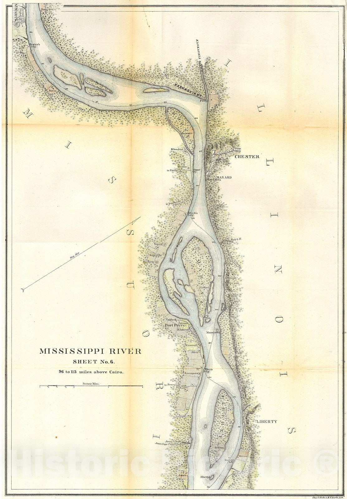 Historic Map : U.S.C.S. Map of The Mississippi River Around Chester Illinois, 1865, Vintage Wall Art