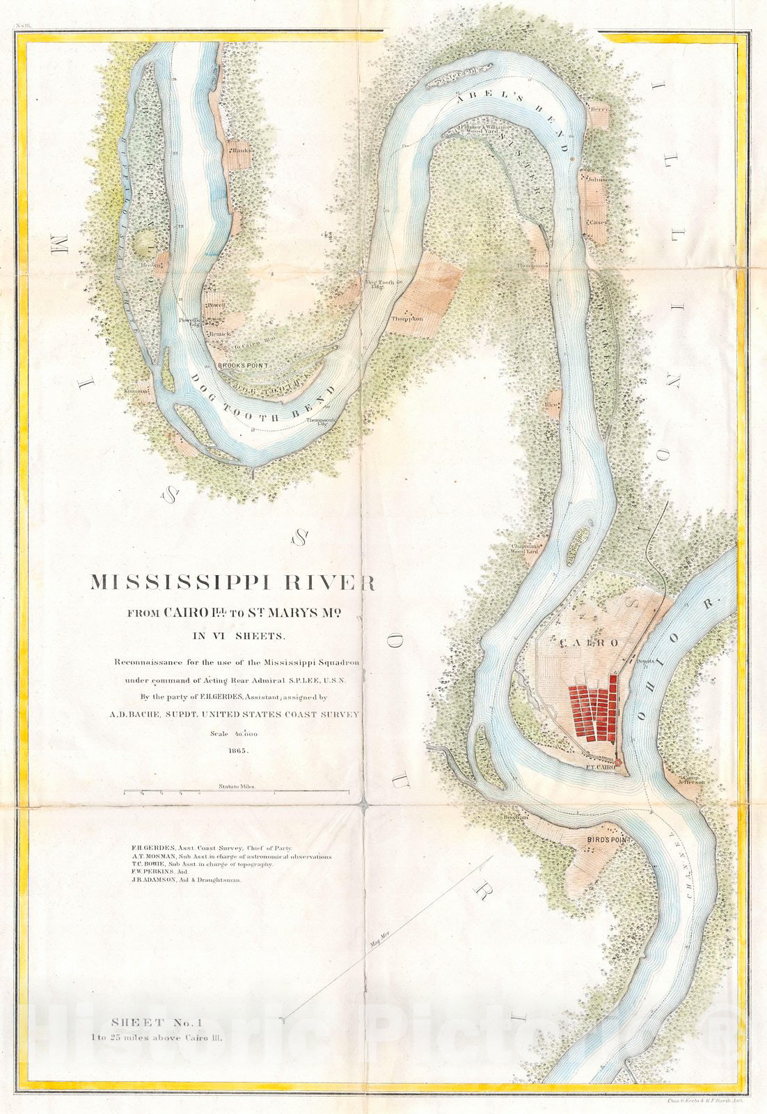 Historic Map : U.S.C.S. Map of The Mississippi River from Cairo, Illinois to St. Marys, Missouri, 1865, Vintage Wall Art