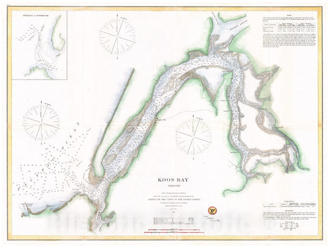 Historic Map : U.S. Coast Survey Map of Coos Bay, Oregon, 1865, Vintage Wall Art