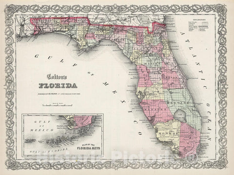 Historic Map : Johnson Map of Florida, 1866, Vintage Wall Art