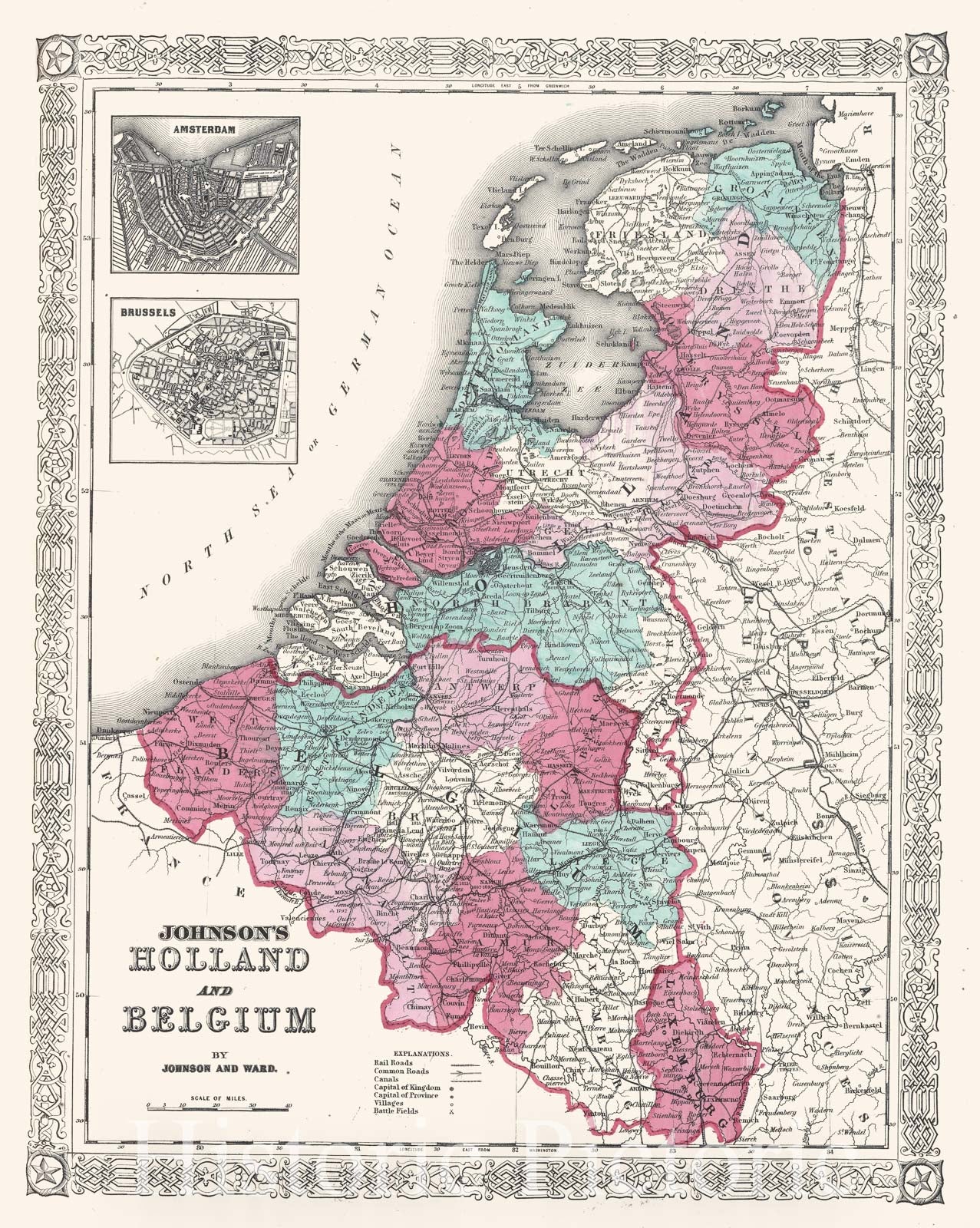 Historic Map : Johnson Map of Holland and Belgium, 1866, Vintage Wall Art