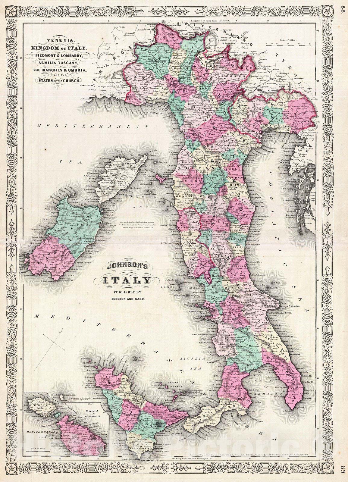 Historic Map : Johnson Map of Italy, Version 2, 1866, Vintage Wall Art