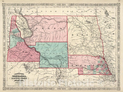 Historic Map : Johnson Map of Montana, Wyoming, Idaho, Nebraska and Dakota, 1866, Vintage Wall Art