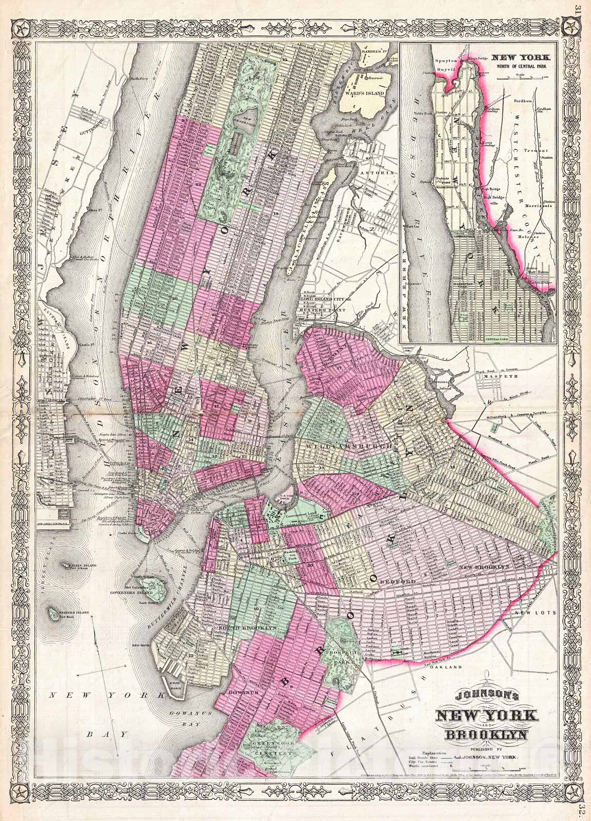 Historic Map : Johnson Map of New York City and Brooklyn, Version 3, 1866, Vintage Wall Art