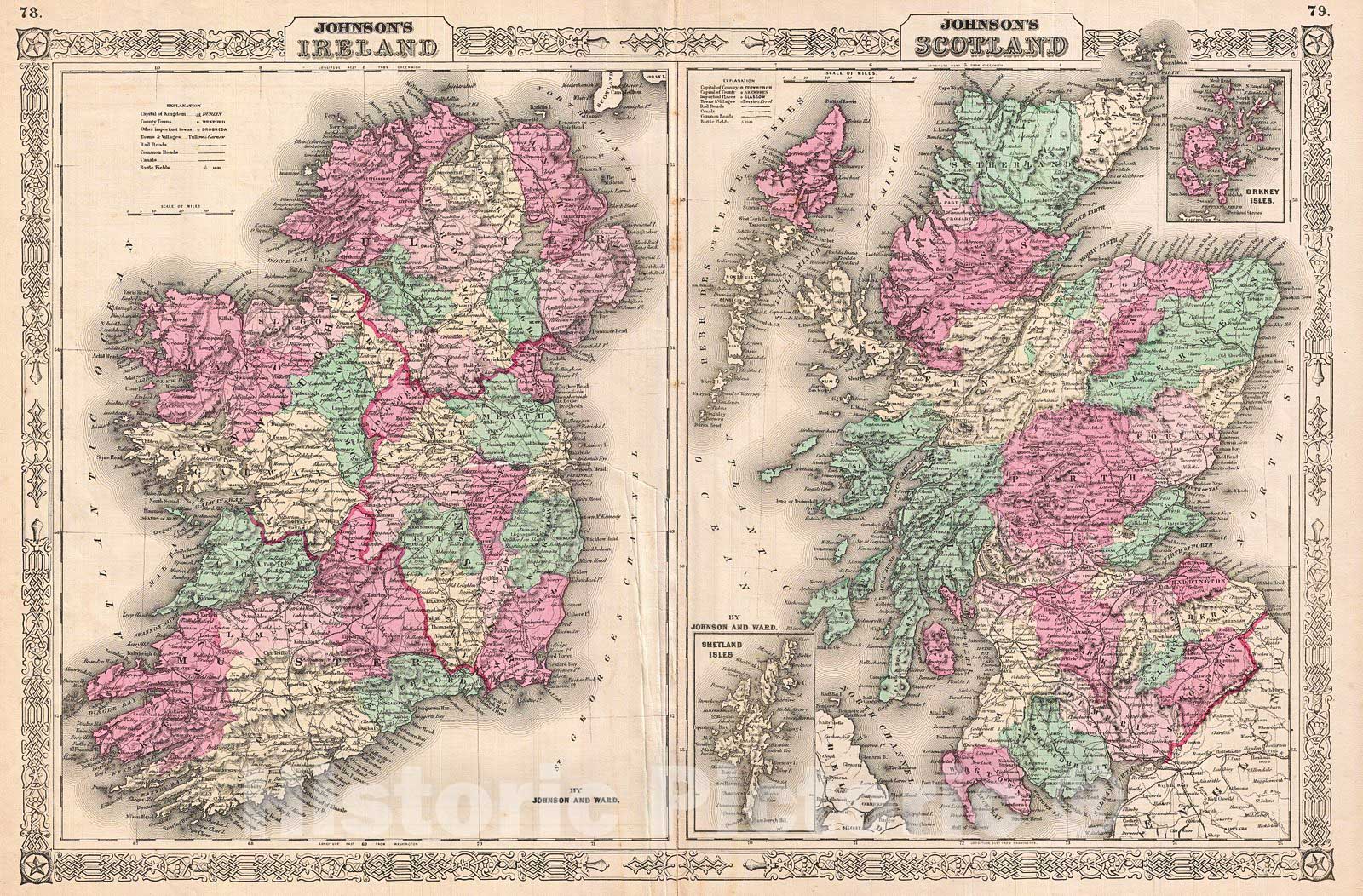Historic Map : Johnson Map of Scotland and Ireland, Version 2, 1866, Vintage Wall Art