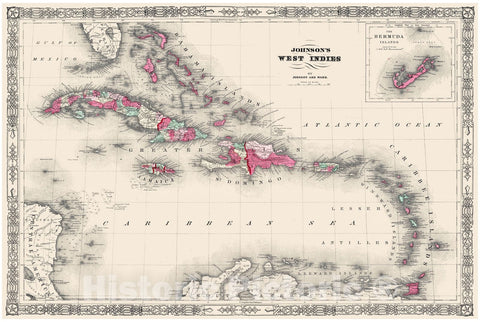 Historic Map : Johnson Map of The West Indies and Caribbean, 1866, Vintage Wall Art