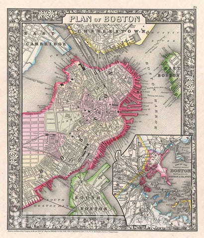 Historic Map : Mitchell Map of Boston, Massachusetts , Version 2, 1866, Vintage Wall Art