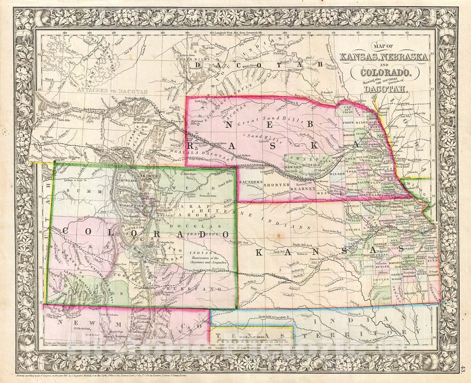 Historic Map : Mitchell Map of Colorado, Nebraska, and Kansas , 1866, Vintage Wall Art