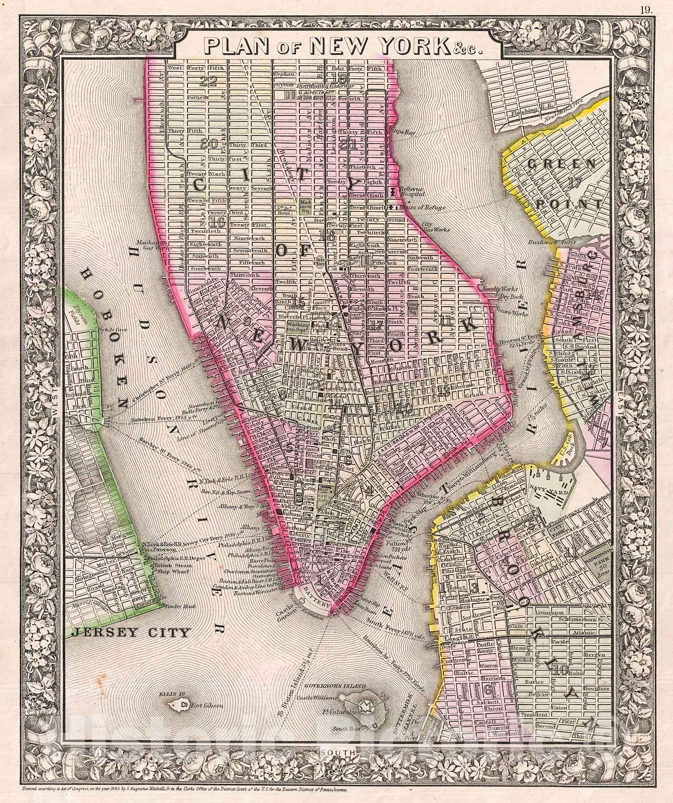 Historic Map : Mitchell Map of New York City and Brooklyn , 1866, Vintage Wall Art