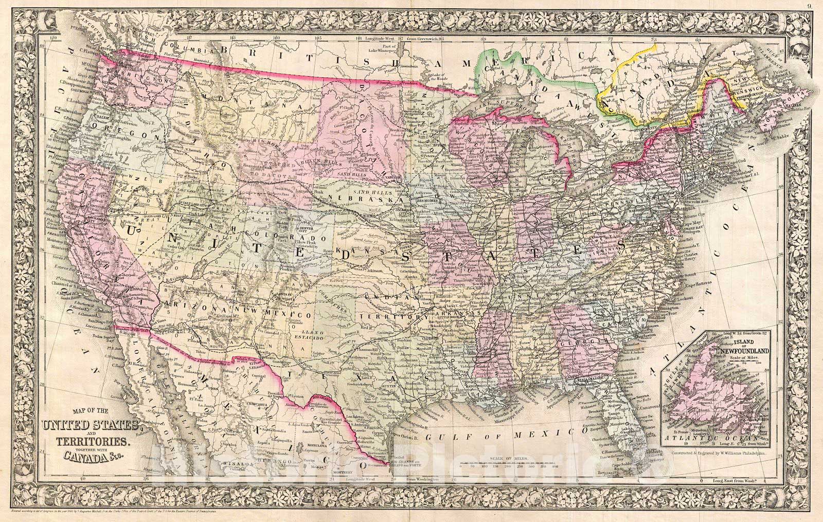 Historic Map : Mitchell Map of The United States, Version 4, 1866, Vintage Wall Art