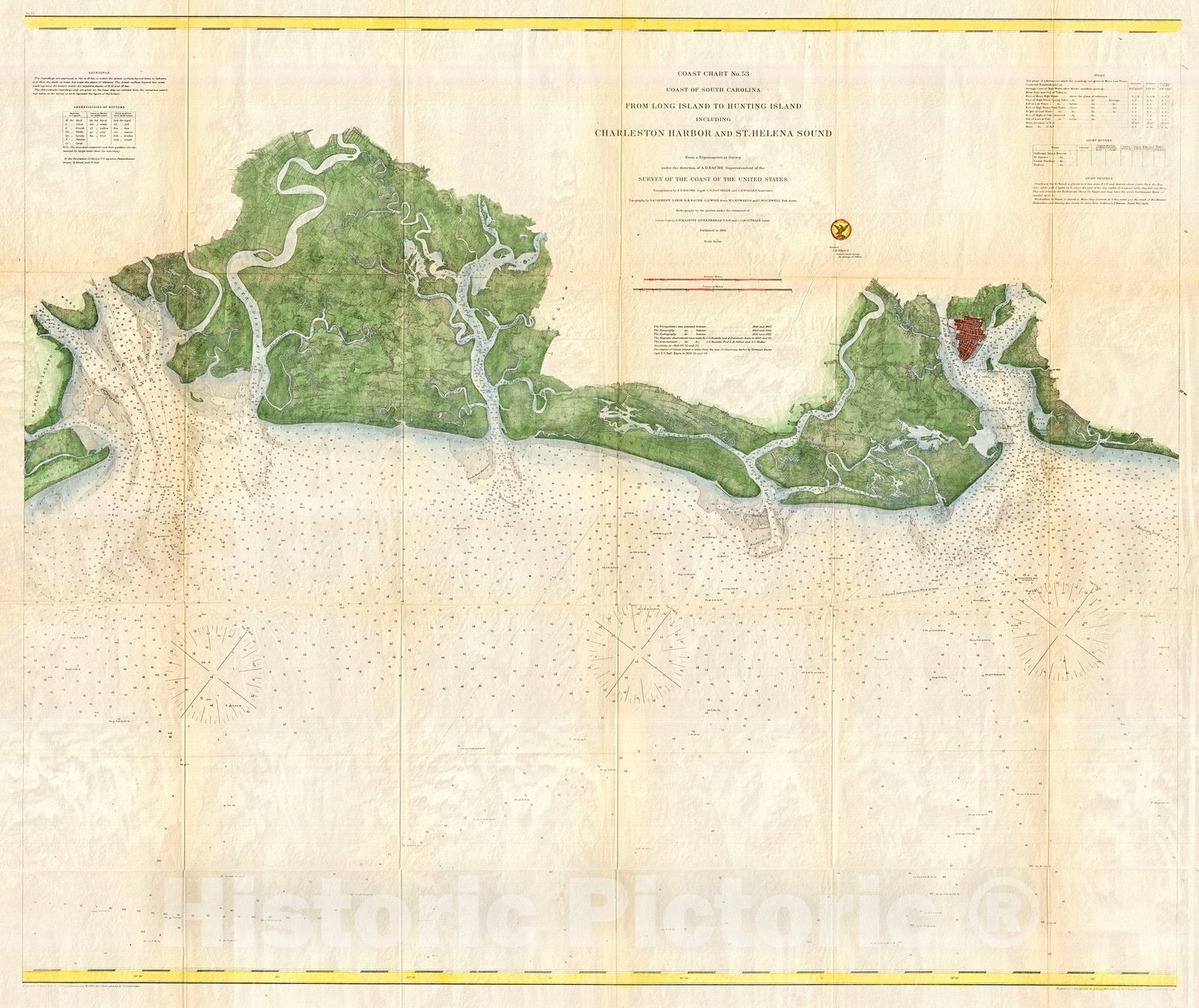 Historic Map : U.S. Coast Survey Chart of The South Carolina Coast, Charleston to St. Helena Bay , 1866, Vintage Wall Art