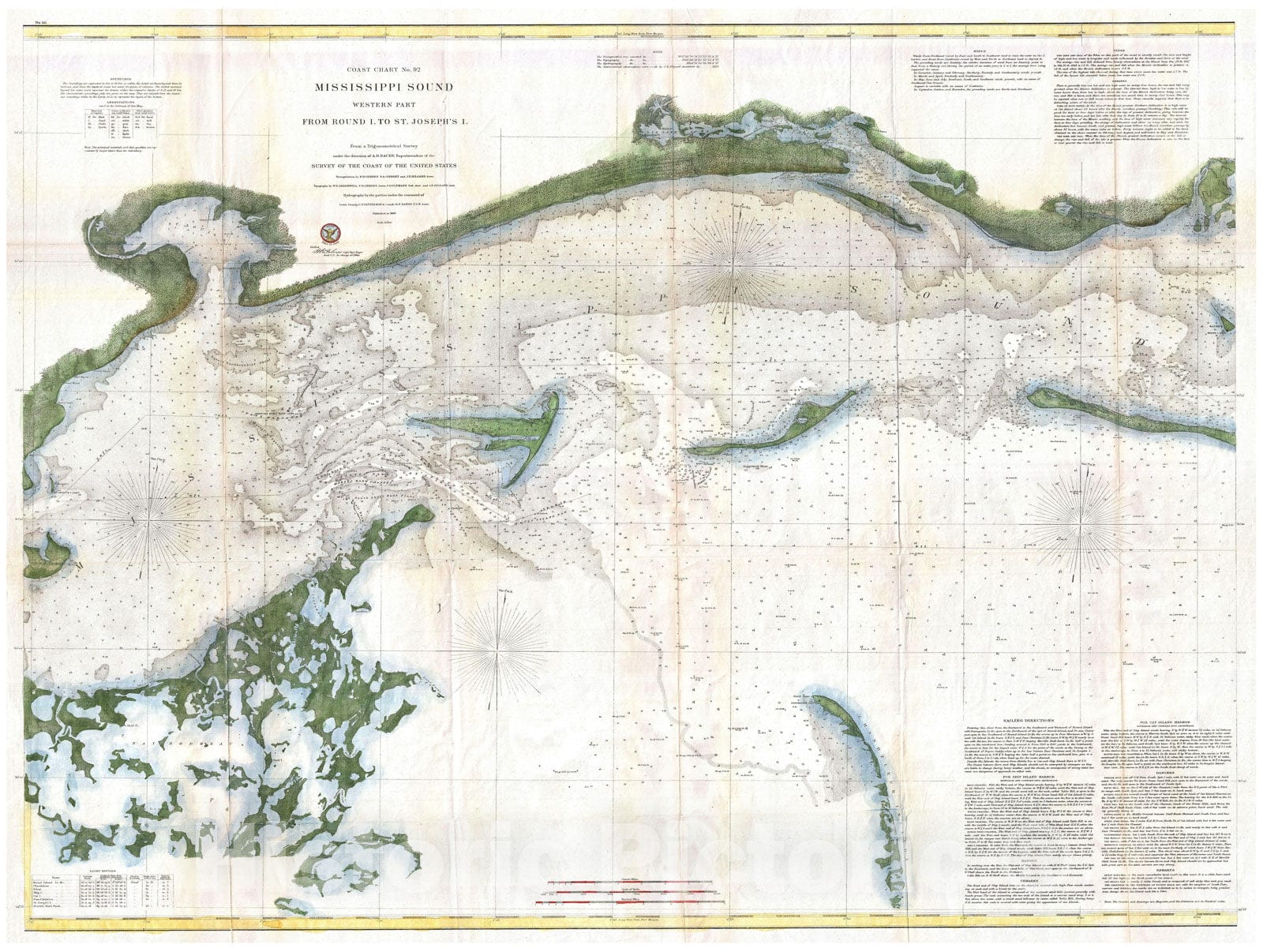 Historic Map : U.S. Coast Survey Chart or Map of The Mississippi Sound, Western Part, 1866, Vintage Wall Art