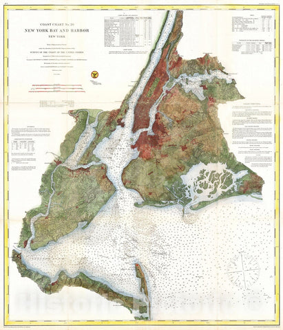 Historic Map : U.S. Coast Survey Nautical Chart of Map of New York City and Harbor, 1866, Vintage Wall Art