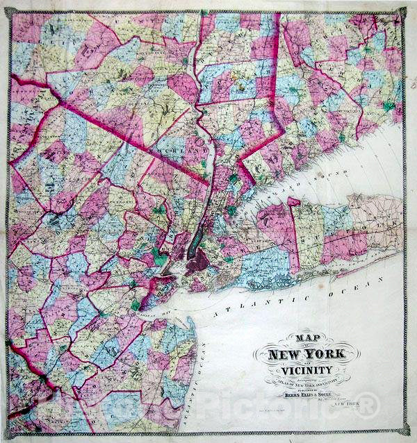 Historic Map : Beers Map of New York City and Vicinity (Westchester, Long Island, Newark, Bergen) , 1867, Vintage Wall Art