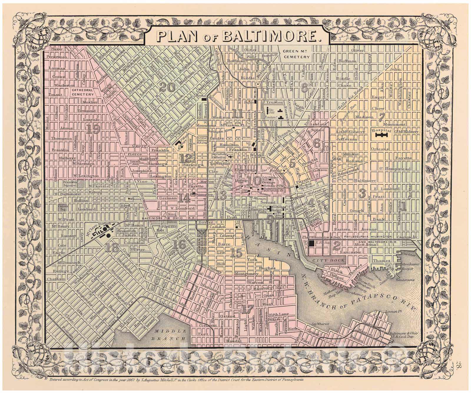Historic Map : Mitchell Map of Baltimore, Maryland, 1867, Vintage Wall Art