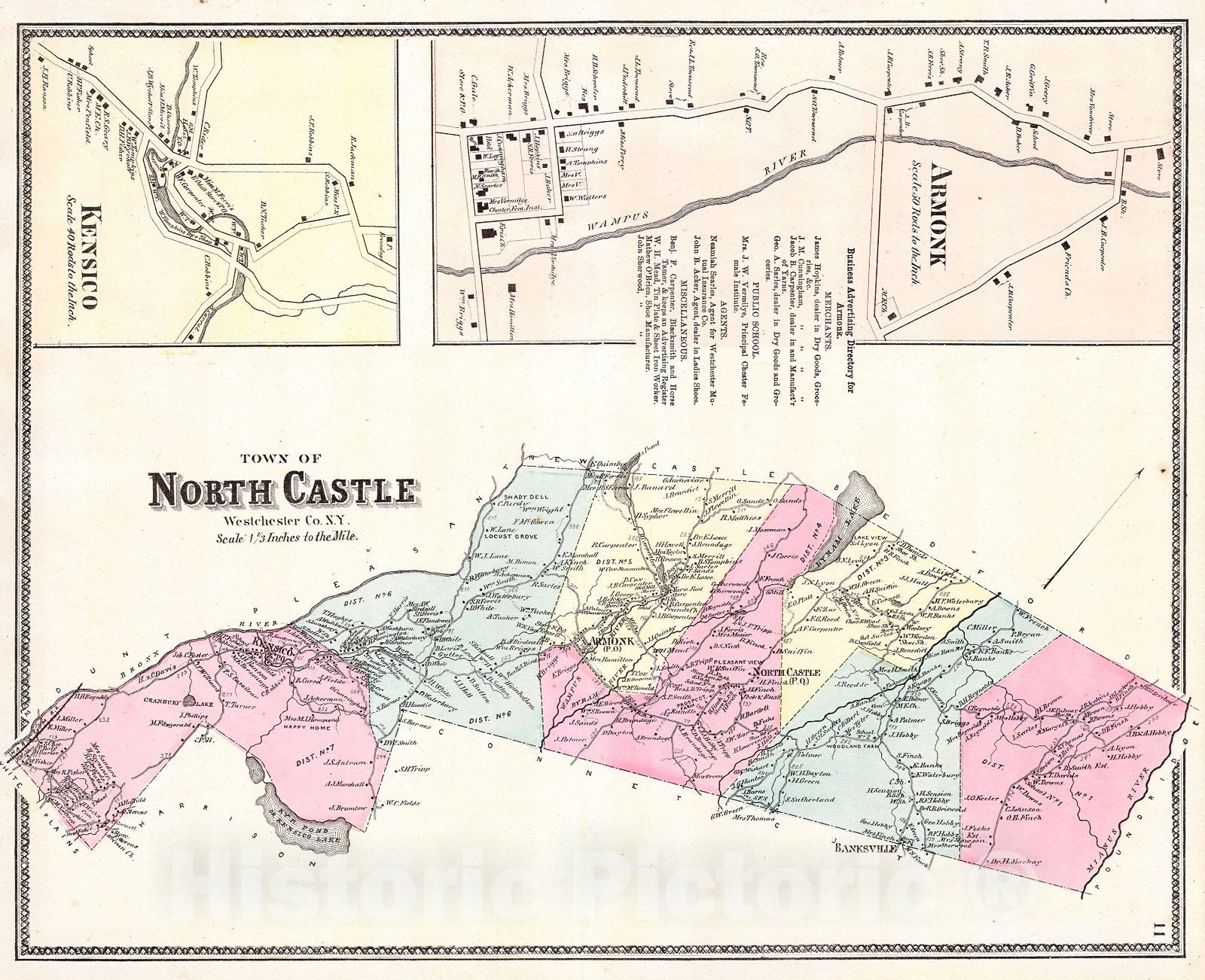 Historic Map : Warner and Beers Map of North Castle and Armonk, Westchester, New York , 1867, Vintage Wall Art