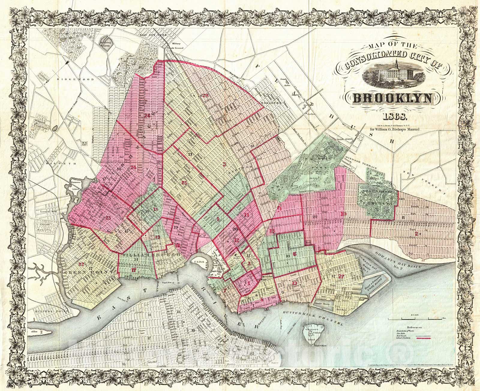 Historic Map : Bishop Pocket Map of Brooklyn, New York , 1868, Vintage Wall Art