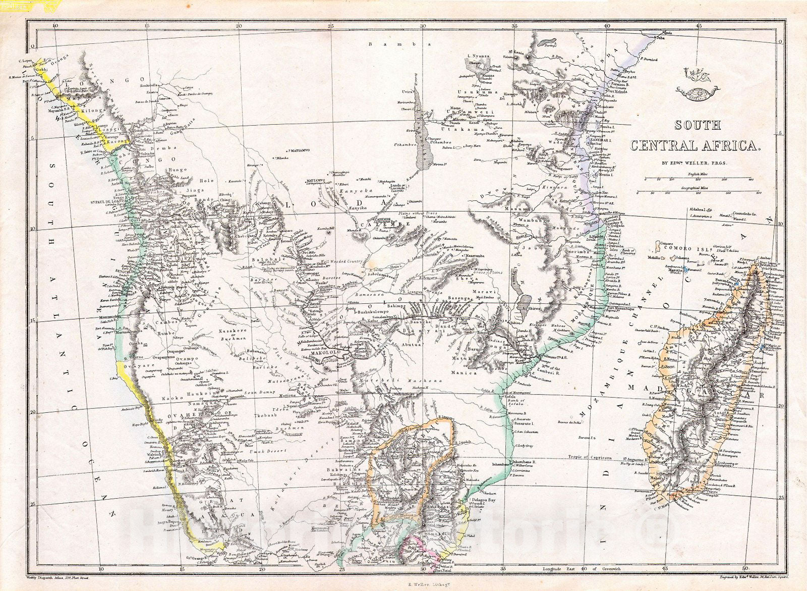 Historic Map : Dispatch, Weller Map of South Central Africa (Angola, Botswana, Tanzania, etc.), 1868, Vintage Wall Art