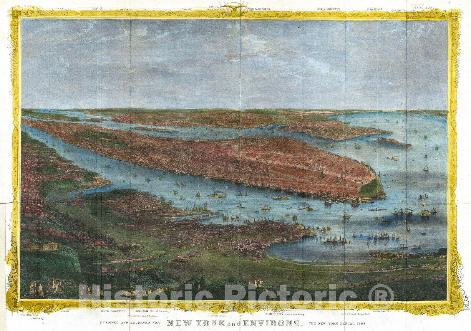 Historic Map : Shannon and Rogers View of Hoboken and Manhattan, New York City, 1868, Vintage Wall Art