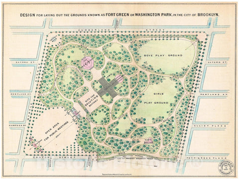 Historic Map : Vaux and Olmstead Map of Fort Greene Park, Brooklyn, New York, 1868, Vintage Wall Art