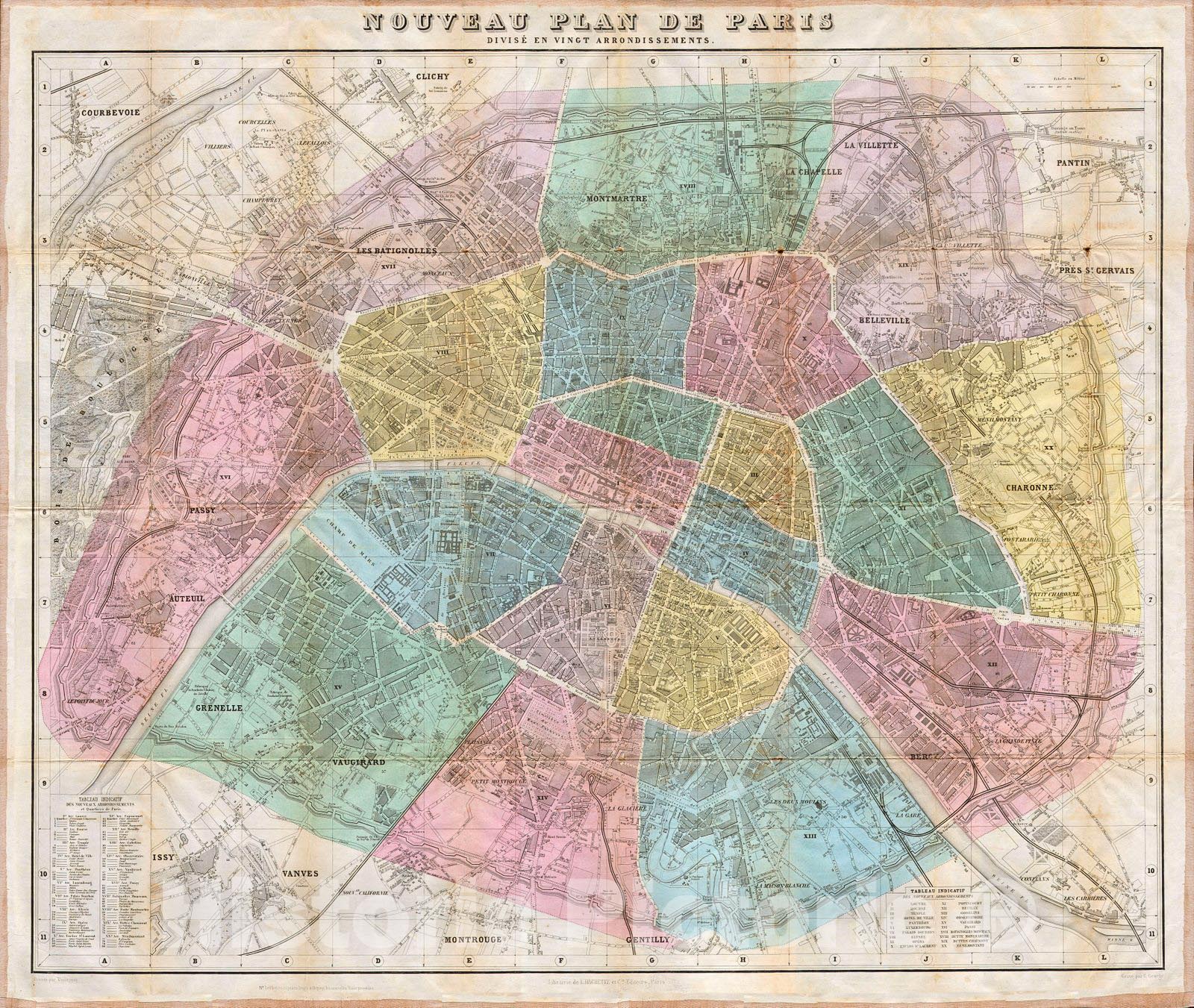 Historic Map : Hachette Pocket Map of Paris, France , 1870, Vintage Wall Art