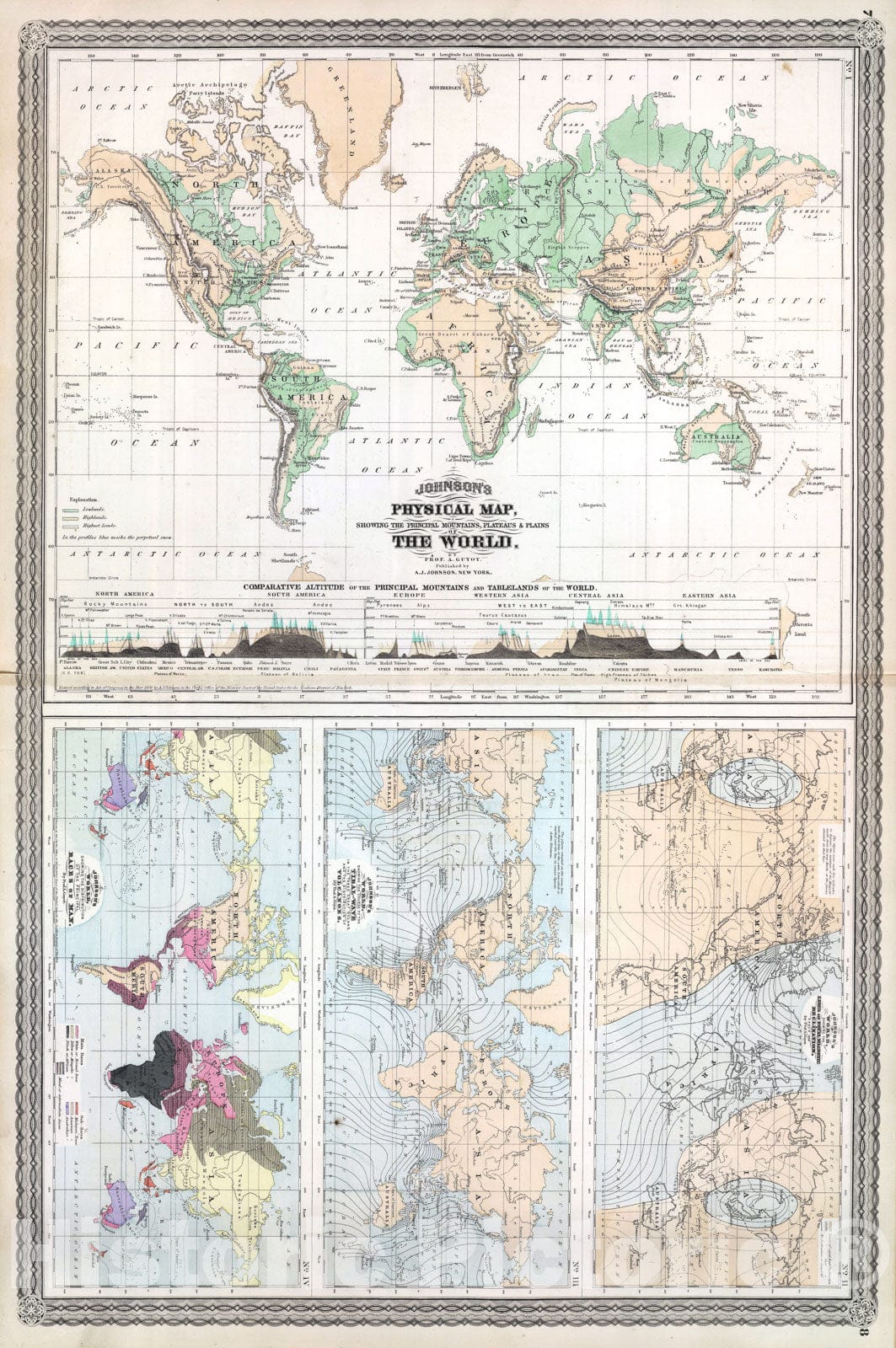 Historic Map : Johnson Climate Map of The World w Physical Map, Tidal Map, Races and Declination, 1870, Vintage Wall Art