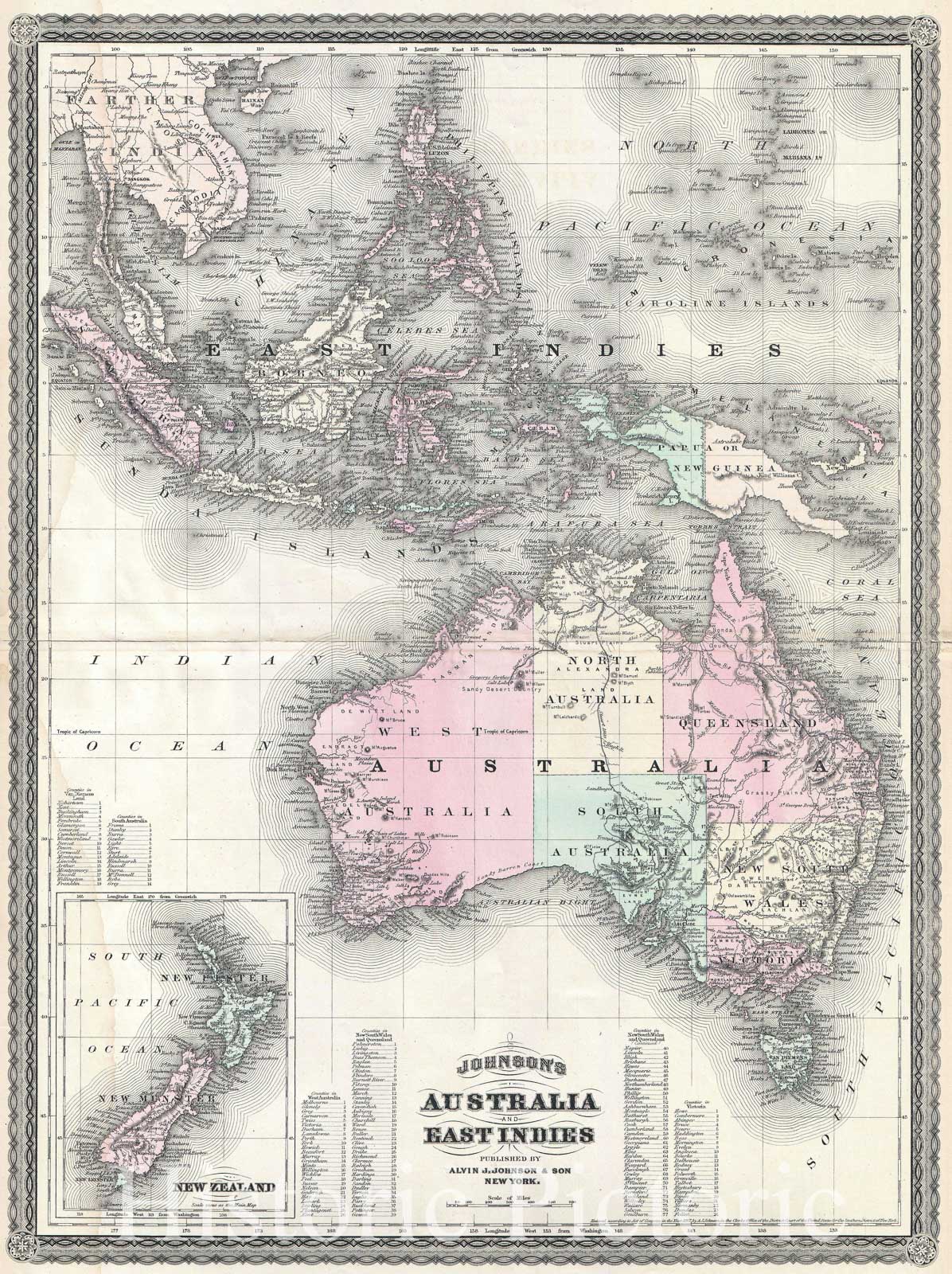 Historic Map : Johnson Map of Australia, The East Indies, and Southeast Asia , 1870, Vintage Wall Art