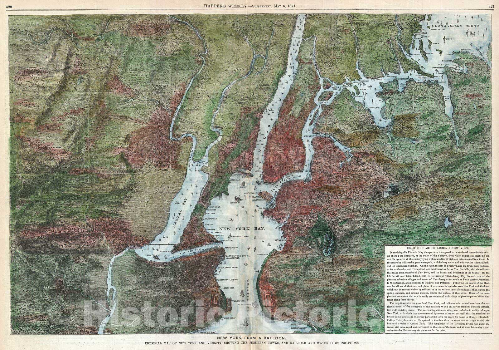 Historic Map : Harpers Weekly View or Map of New York City from a Balloon, 1871, Vintage Wall Art