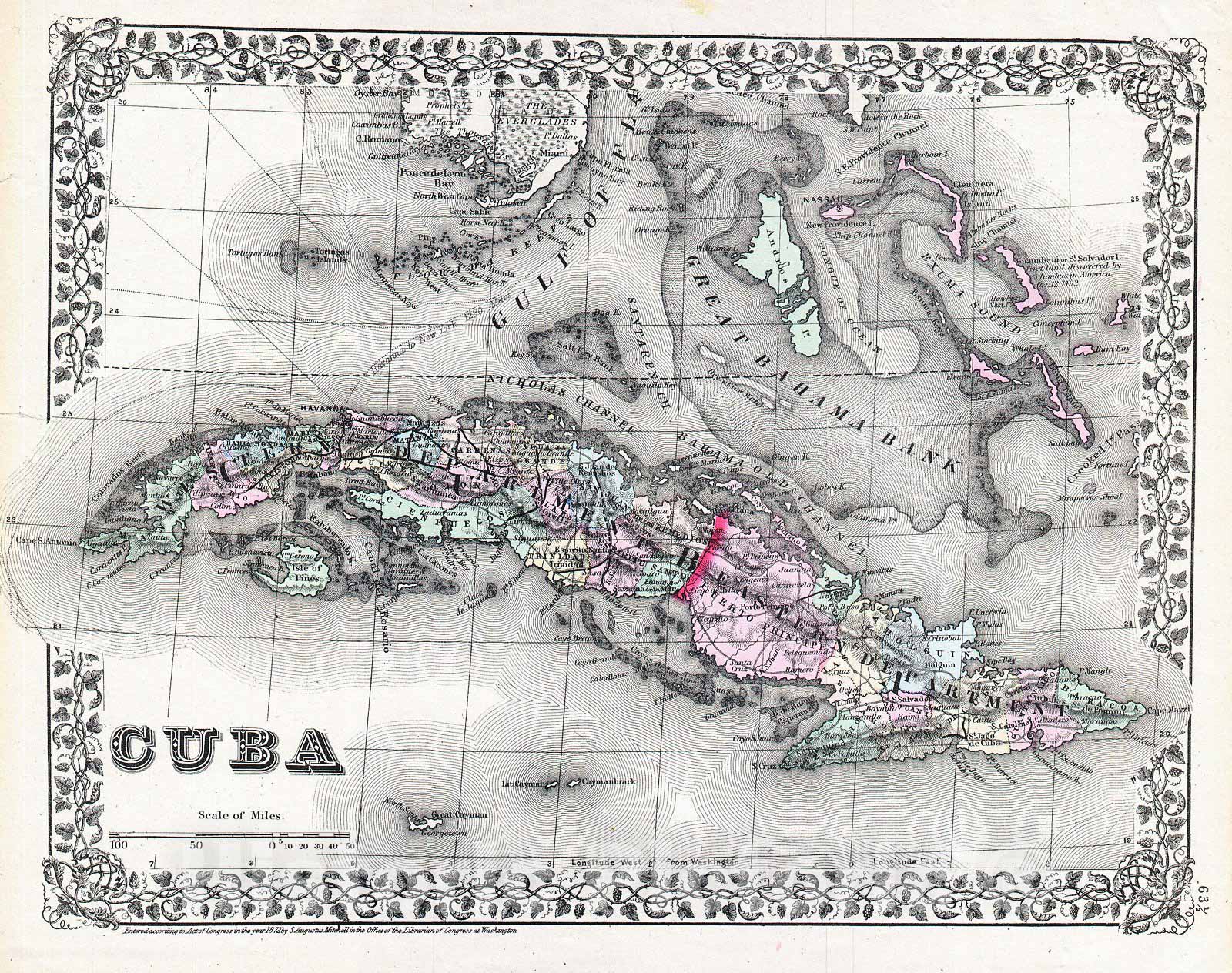 Historic Map : Mitchell Map of Cuba and The Bahamas, 1872, Vintage Wall Art