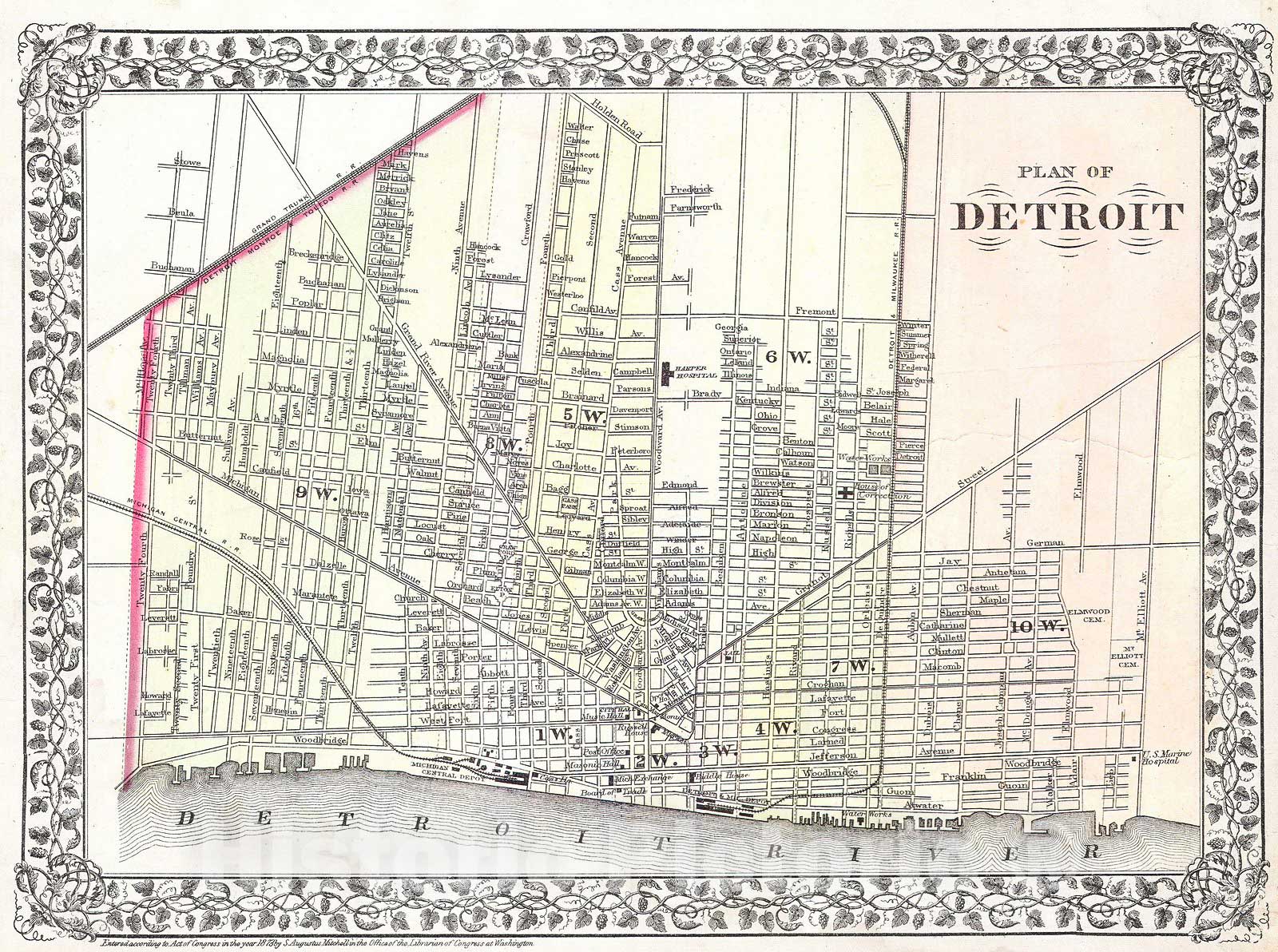 Historic Map : Mitchell Map of The City of Detroit, Michigan, 1872, Vintage Wall Art
