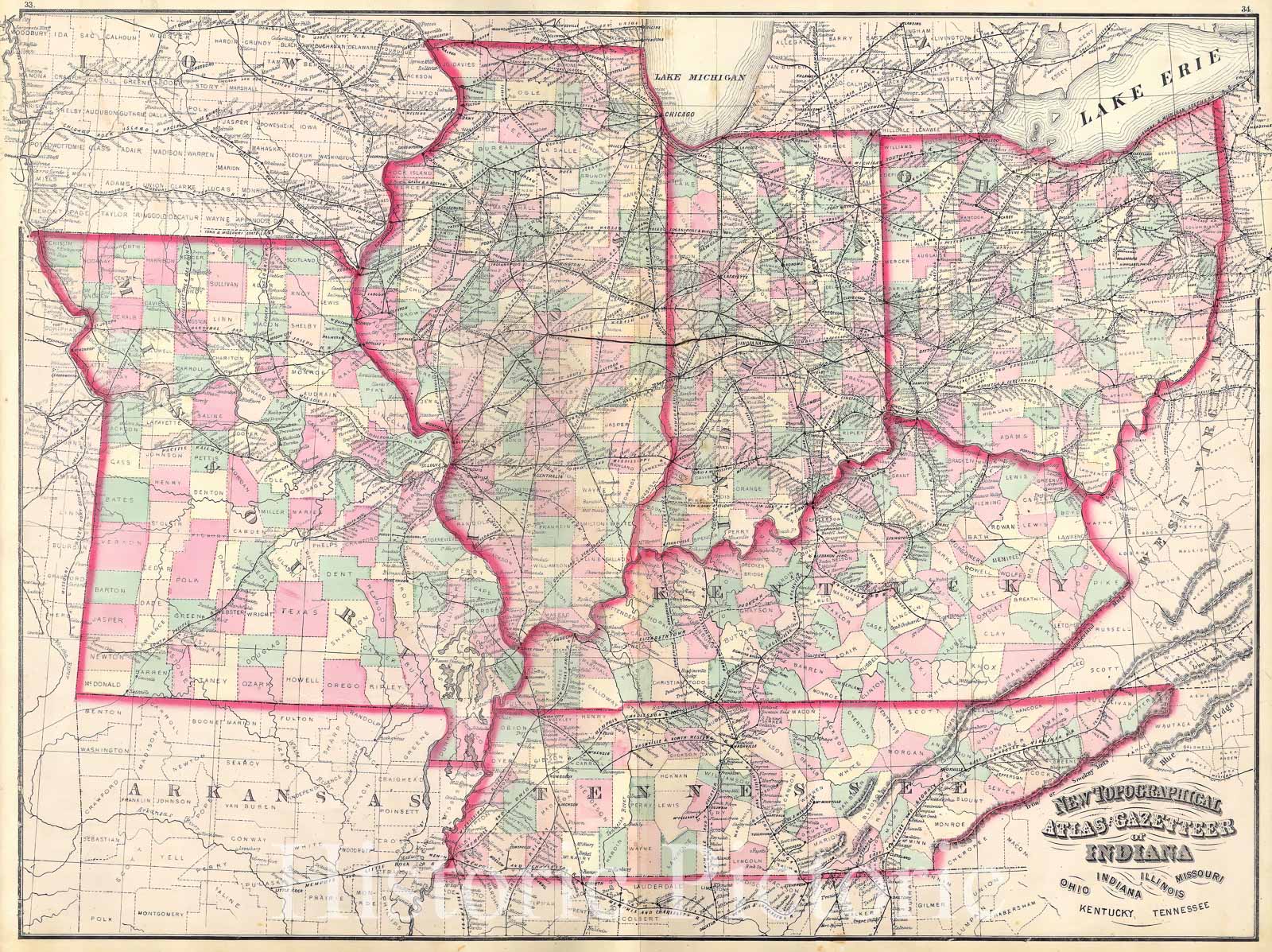 Historic Map : Asher Adams Map of The Midwest (Ohio, Indiana, Illinois, Missouri, Kentucky), 1873, Vintage Wall Art