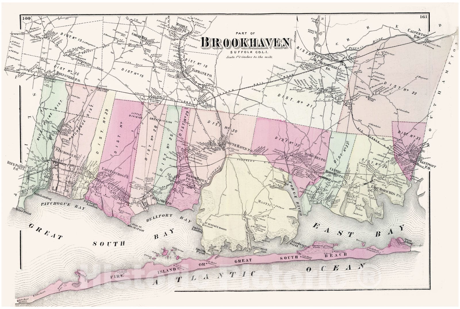 Historic Map : Beers Map of Brookhaven and Fire Island, Long Island, NY, 1873, Vintage Wall Art