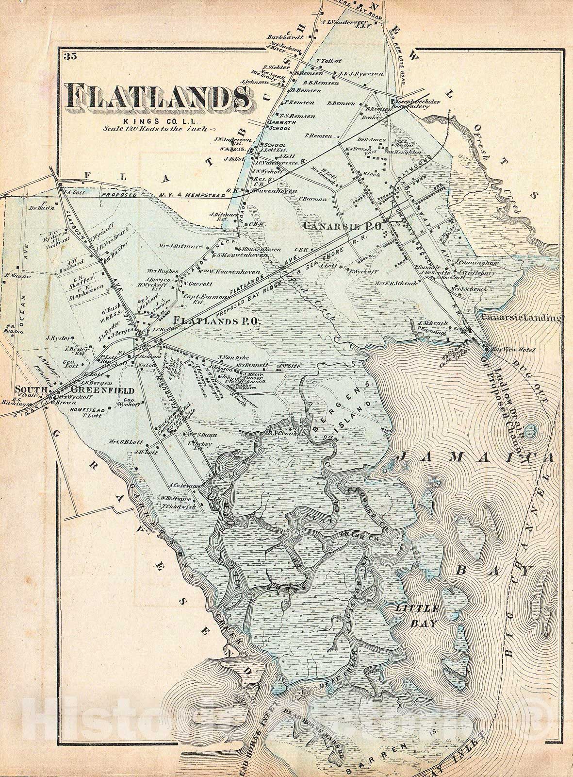 Historic Map : Beers Map of Flatlands, Brooklyn, New York City (Jamaica Bay, Canarsie) , 1873, Vintage Wall Art