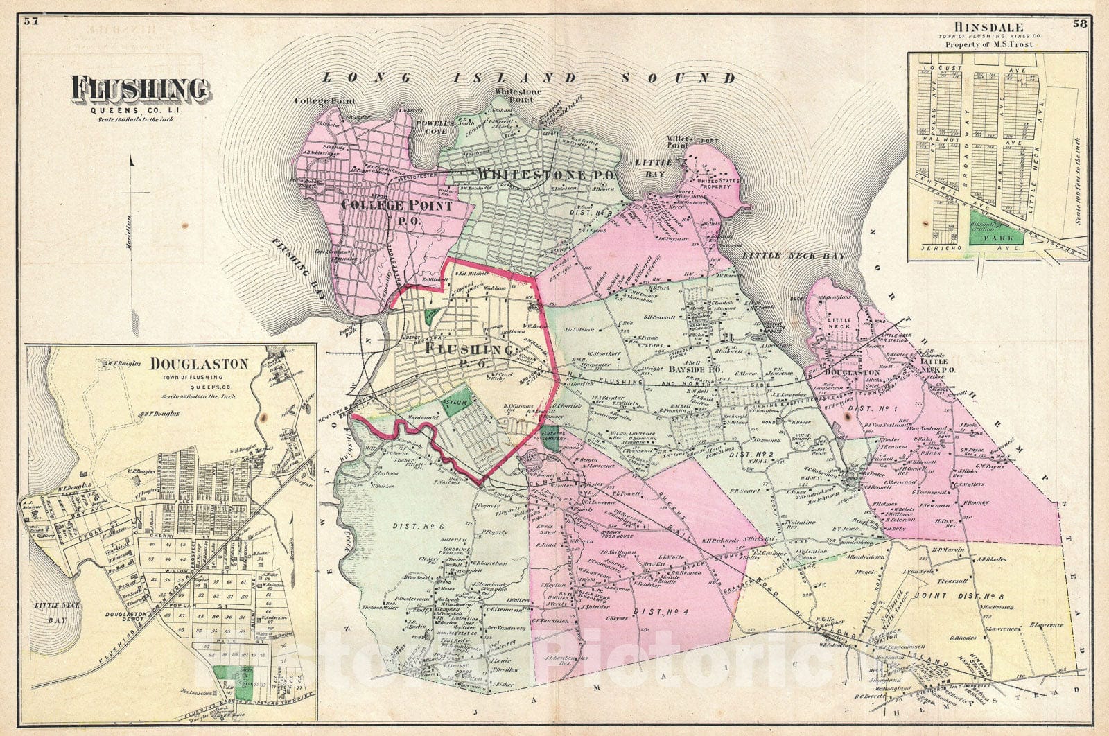 Historic Map : Beers Map of Flushing and College Point, Queens, New York, 1873, Vintage Wall Art