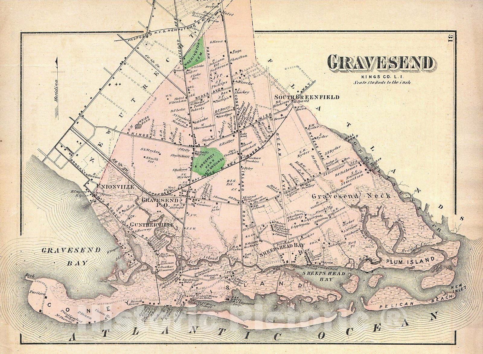 Historic Map : Beers Map of Gravesend, Brooklyn, New York City, Includes Coney Island, 1873, Vintage Wall Art