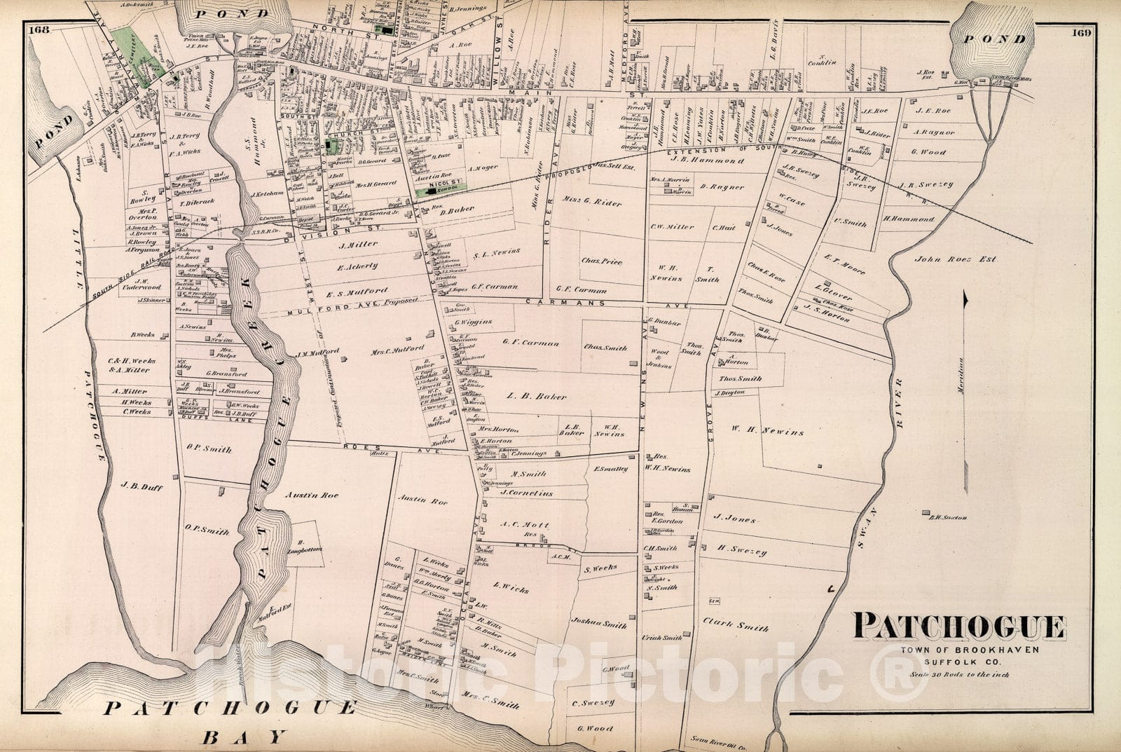 Historic Map : Beers Map of Patchogue, Long Island, New York, 1873, Vintage Wall Art