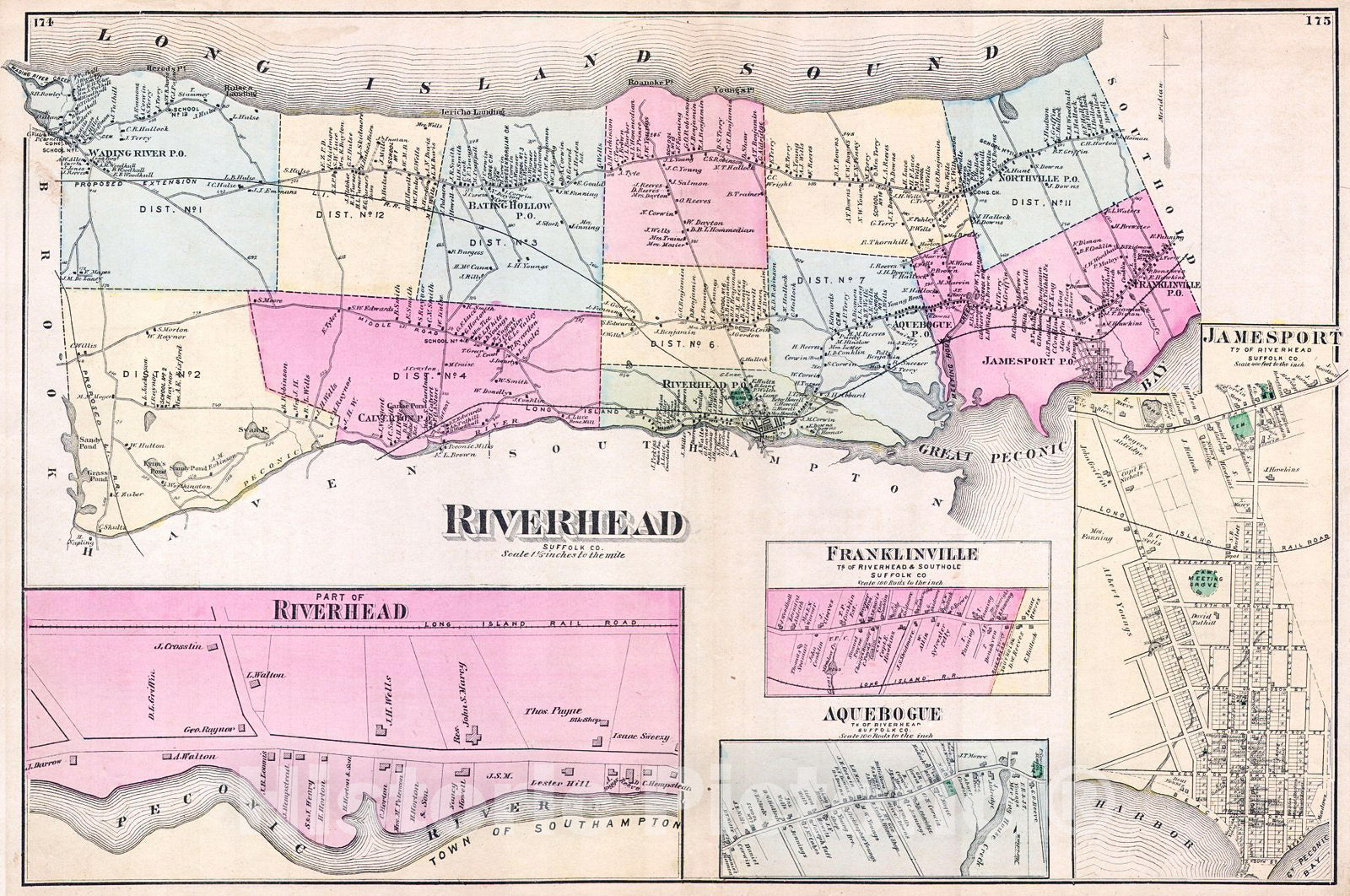 Historic Map : Beers Map of Riverhead, Suffolk County, Long Island, 1873, Vintage Wall Art